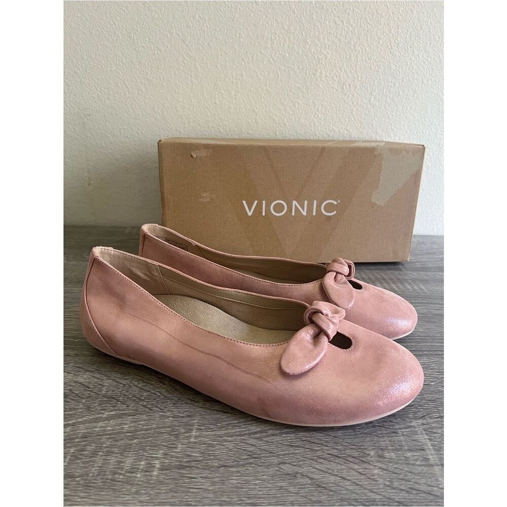 Vionic Tilly Ballet Flats Women’s Pink Suede Bow Comfort Orthotic Shoes 10.5W